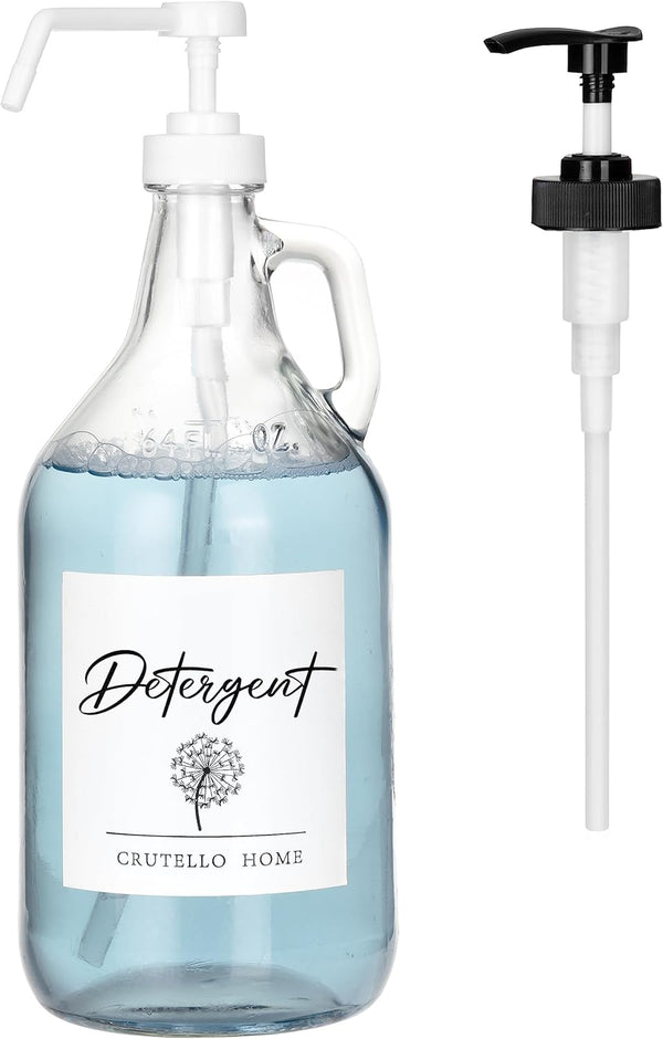 Crutello 64 oz Glass Laundry Detergent Dispenser for Detergent, Bleach, Syrup Pump