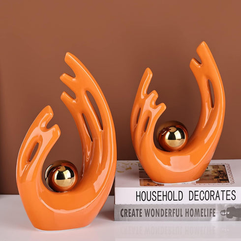 9.5"H Orange Gold Aesthetic Room Decor Accent, TV Stand Funky Table Centerpiece, Abstract Art Ceramic Statue