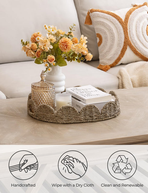 StorageWorks Scalloped Edge Wicker Serving Tray, Woven Rattan Table Trays with Handle, Wicker Tray for Room Dcor