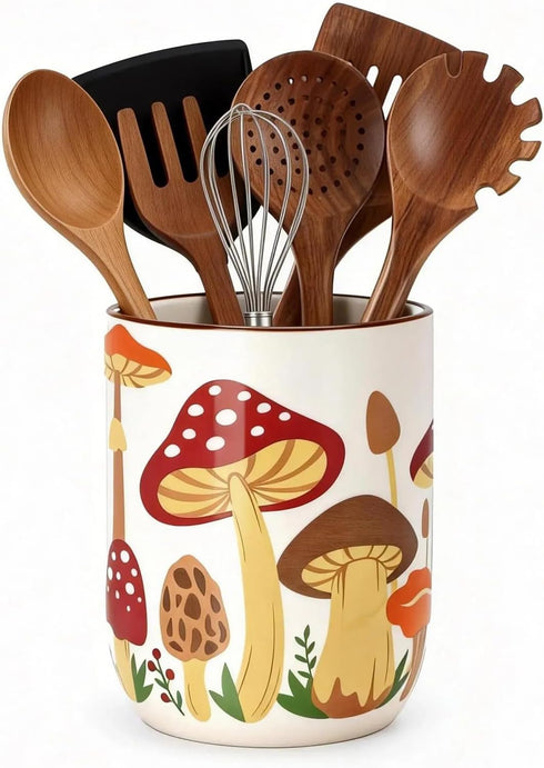 Nefelibata Mushroom Ceramic Utensil Holder Rustic Functional Utensil Crock Kitchen Storage Decor
