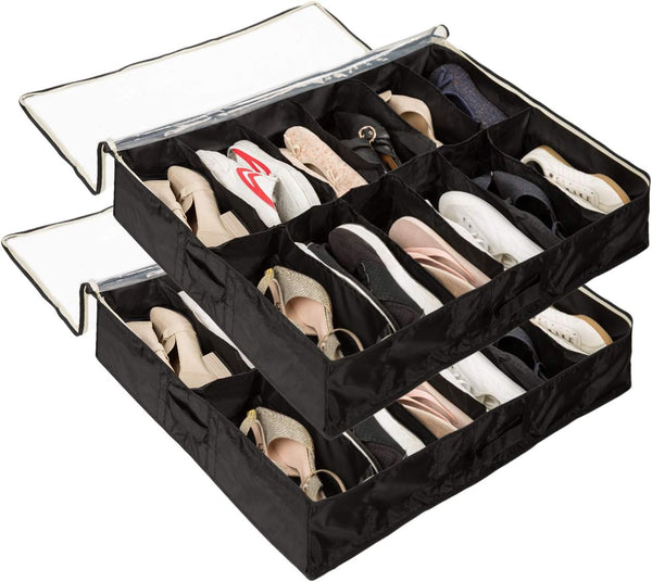 Surblue Under Bed Shoe Storage Organizer, Fits 24 Pairs of Shoes, Set of 2 with Clear Cover
