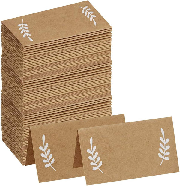 Supla 100 Pcs Rustic Wedding Place Cards with White Laurel Leaves, Blank Table Tent Tags for Seating and Buffet