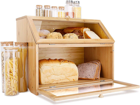 Counter, HOMEKOKO Double Layer Large Bread Box for Kitchen Wooden Large Capacity Bread Storage Bin (Natural Bamboo)