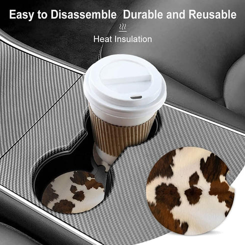 Absorbent Car Coasters 2 Pack - Cow Hide Car Coaster for Drinks, Ceramic Stone Cup Holder with Finger Notch, Brown