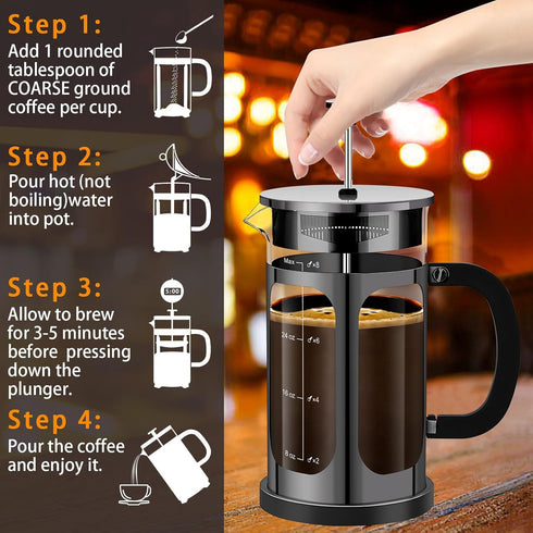 French Press Coffee Maker (34oz, 1 Quart, 5-6 Cup) with 4 Filters, Heat Resistant Borosilicate Glass, Cold Brew Gifts