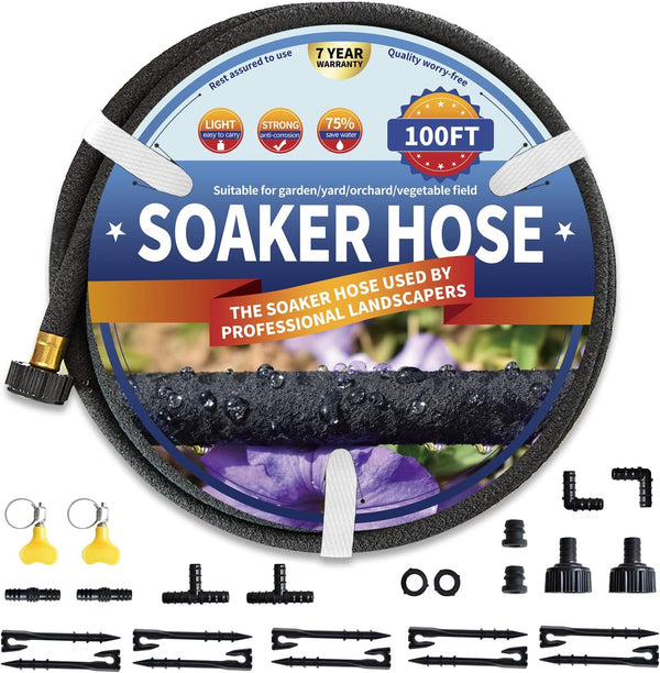 Soaker Hose 100 FT for Garden Beds, 1/2 Rubber Garden Soaker Hoses