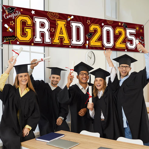 Congrats Grad 2025 Graduation Yard Sign, Giant Maroon Lawn Sign Decorations for Graduation Party Supplies