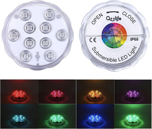 1-Pack Qoolife Submersible LED Lights Remote Control Battery Powered, RGB Multi Color Changing Waterproof Light