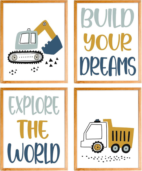 BearCake Construction Decor for Boys Room, Cartoon Excavator Truck Wall Art Poster