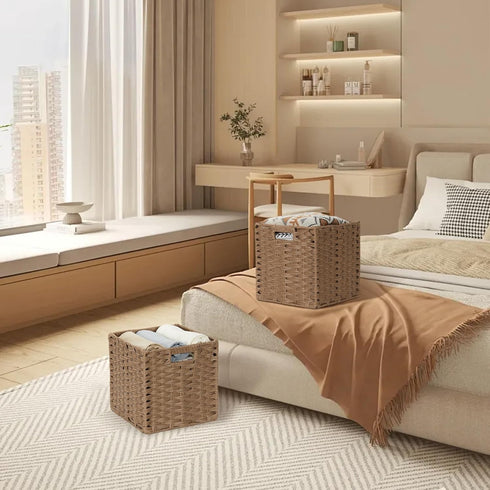 DULLEMELO Wicker Storage Baskets, 11x11 Cube Bins, Foldable Plastic Cubby Baskets Set of 2 for Organizing, Brown