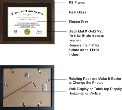 8.5x11 11x14 Mat,1 Pack Diploma Frames with Mat or without Certificate Document Frame with Real Glass for Wall