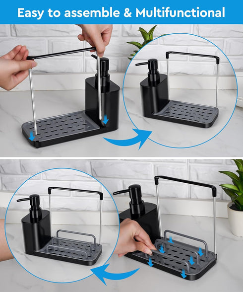 Set 5-in-1 Countertop Hand and Dish Soap Dispenser with Tray, Dual Soap Dispenser with Sponge Holder and Dishcloth