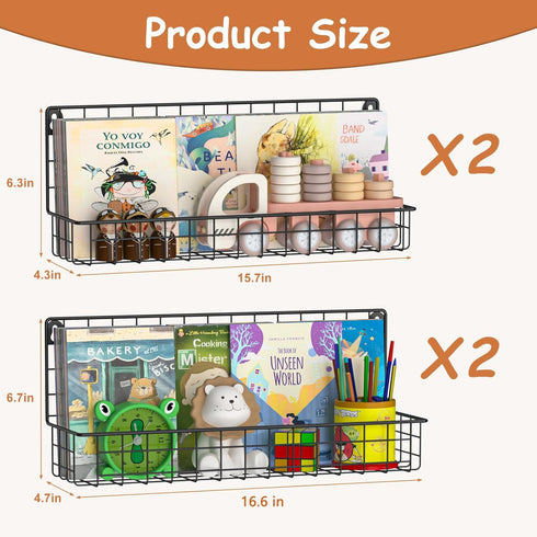X-cosrack 4-Pack Wall Mounted Metal Kids Bookshelf, Floating Book Shelves for Kids Nursery Toddler Classroom, Hanging