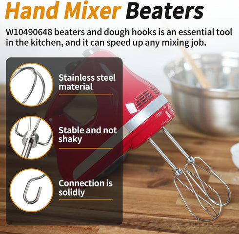 Hand Mixer Beater & Dough Hooks Compatible with KitchenAid Hand Mixer Attachments, Kitchen Hand Mixers Stainless Steel Replacement Parts W10490648 KHM2B AP5644233 PS4082859 (Pack of 4)