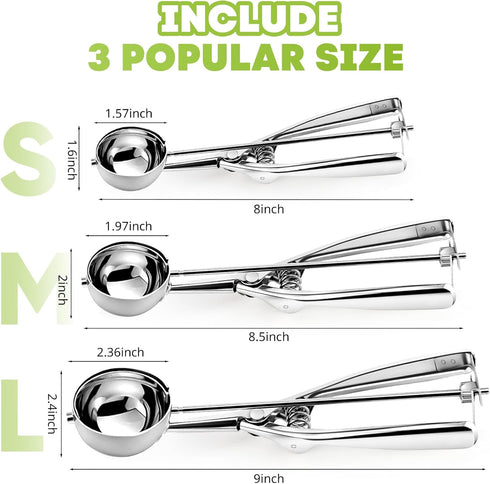 Ice Cream Scoop, 3 Pcs Stainless Steel Cookie Scoop, Meatball Maker Cookie Dough Scoops for Baking Set, Ice Cream Scooper with Trigger Release, Baking Supplies for Melon Baller, Fruit, Mini Cupcake