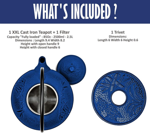 85 Oz/2500ml Set XXL Japanese Cast Iron Teapot with Infuser & Matching Trivet - Large Tetsubin Loose Leaf Tea Pot