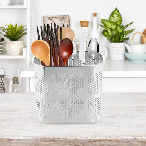 UPKOCH Stainless Steel Utensil Silverware Holder, Organizer Drying Rack Basket with Hooks, Chopstick Holder for
