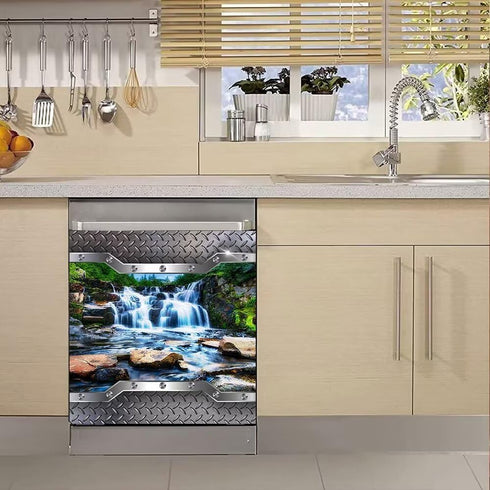 Stainless Steel Style Dishwasher Magnet Cover, Landscape Pattern Refrigerator Door Vinyl Decal, 23" x 26"