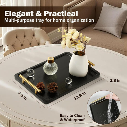 PEKER Wooden Serving Tray with Metal Handles, Black Decorative Coffee Table Tray for Breakfast in Bed, Ottoman & Home