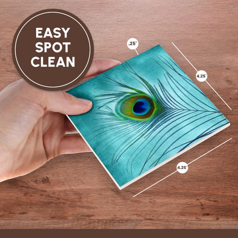3dRose CST_211236_3 Peacock Feather on Turquoise Background Ceramic Tile Coaster (Set of 4)