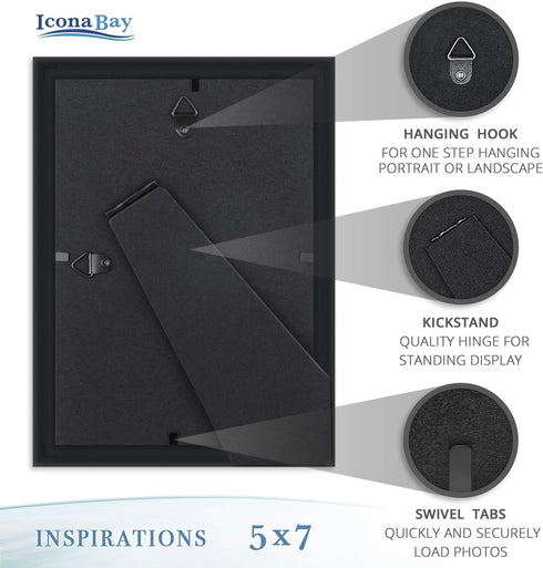 Icona Bay 5x7 Picture Frames, Black, 12 Pack, Beautifully Detailed Molding, Contemporary Set for Wall Mount or Table Top
