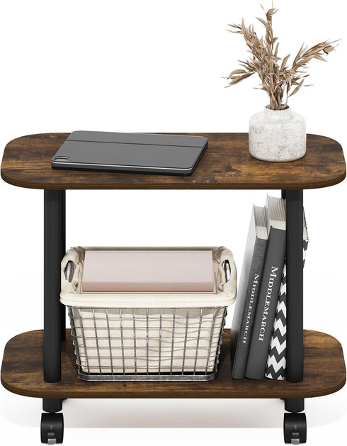 2-Tier Furinno Turn-N-Tube Side Table, Oval Sofa End Table with Wheels, Toolless Assembly Night Stand, Bedside Table