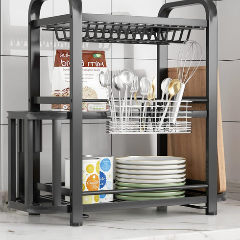 JAQ Utensil Holder for Sink, Rust Free Sus304 Stainless Steel Cutlery Rack Organizer with Hooks for Dish Drying