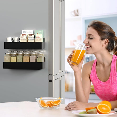 Magnetic Spice Rack for Refrigerator, Kitchen Organizer and Storage Shelf, Black (2 Pack)