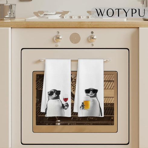 WOTYPU 16x24 Inch Set 2 Funny Penguin Kitchen Bar Towels, Penguin Gifts for Women Men, Gifts for Wine Beer Lovers