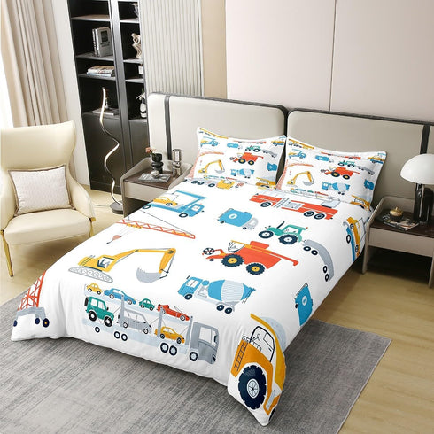Cartoon Cars 100% Cotton Duvet Cover Queen, Colorful Building Machine Comforter Cover for Kids Boys Girls, Red Blue