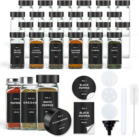 OMOZUN Spice Jars with Label, 24pcs 4oz Glass Spice Jars with Black Lids,