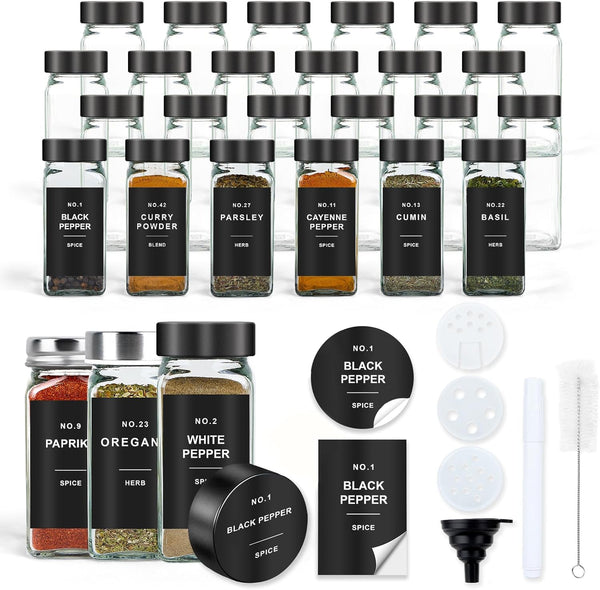 OMOZUN Spice Jars with Label, 24pcs 4oz Glass Spice Jars with Black Lids,