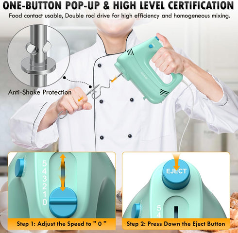 Electric Hand Mixer with Stainless Steel Whisk, Dough Hook, Storage Bag, Handheld Mixer for Baking, Turbo Boost, Green