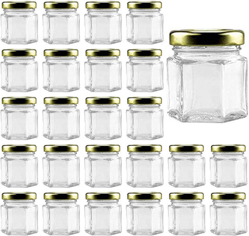Woaiwo-q 25Pack1.5oz Honey Jars,Mini Honey Jars With Dipper,Hexagon Glass Jar with Gold Lids,Glass