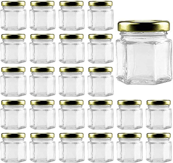 Woaiwo-q 25Pack1.5oz Honey Jars,Mini Honey Jars With Dipper,Hexagon Glass Jar with Gold Lids,Glass