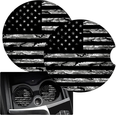 Cup Holders Car Coasters for Women/Men, 2 Pack Absorbent Ceramic Stone Drinks Coaster Set, Camo US Flag