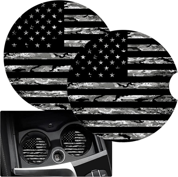 Cup Holders Car Coasters for Women/Men, 2 Pack Absorbent Ceramic Stone Drinks Coaster Set, Camo US Flag
