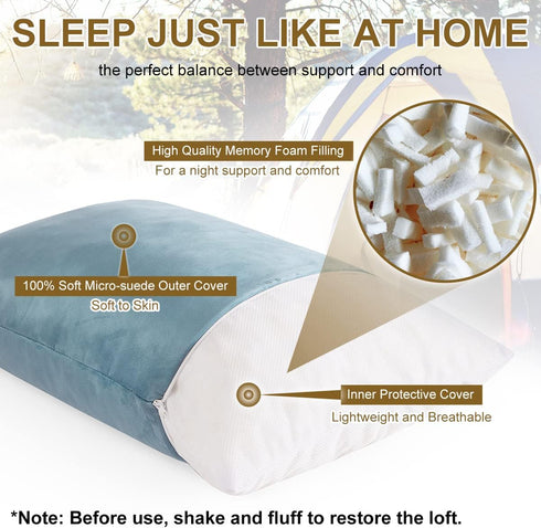 Ivellow Compressible Memory Foam Travel Pillow - Shredded Firm Supportive Camping Pillow for Adults Kids, Blue-M