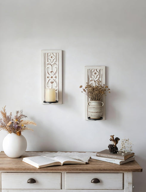 Set 2 Rustic Candle Sconces Wall Decor of - White Farmhouse Art Distressed Thickened Candles Shelf for Bathroom Bedroom