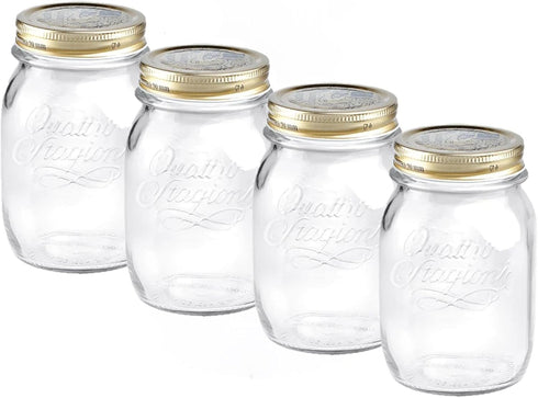 Bormioli Rocco Quattro Stagioni Set of 4 Clear Airtight Mason Jars, 17 Oz, Made in Italy