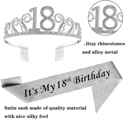 18th Silver Birthday Tiara and Sash - Glitter Satin Sash and Crystal Rhinestone Tiara Crown for Party Supplies