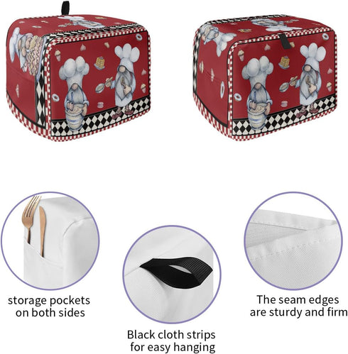 Kitchen Chef Gnomes Toaster Cover 2 Slice, Small Kitchen Appliance Covers, Rustic Red Checkered Dessert Toaster Oven Cover with Loop, Bread Machine Cover Polyester Dust Cover Protection