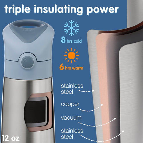 12 oz 8 12m+ b.box Insulated Water Bottle - Kids Water Bottle Stainless Steel w/Free Flow Silicone Straw, Toddler Cups