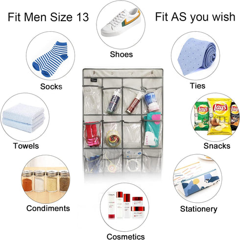 1 Pack Extra Large Hanging Crystal Clear Over Door Shoe Organizer, Closet Shoe Rack with 12+6 Pockets, Grey