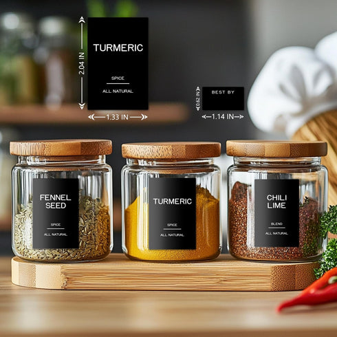 Kuocodall 201 Spice Jar Labels - Black Preprinted Minimalist Waterproof Stickers for Kitchen Jars, Herb & Seasoning