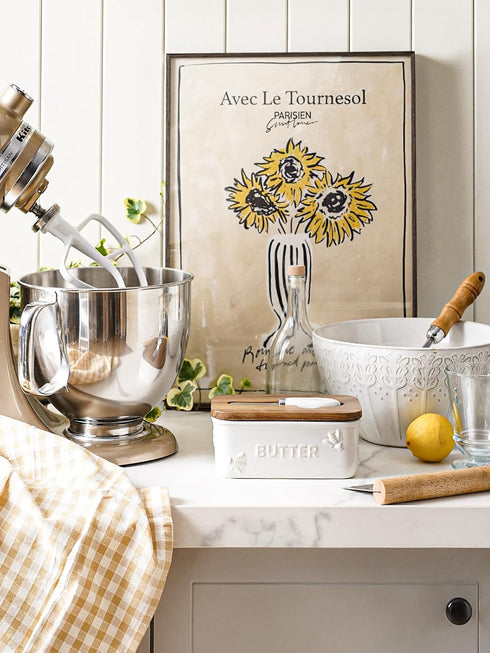 Countertop, Set 1, LE TAUCI Butter Dish with Lid for Ceramic Butter Container, Embossed Butter Keeper with Acacia Wood