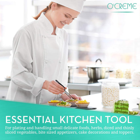 O'Creme Culinary Stainless Steel Tweezer Tongs Set of 2 - 10 Inch Straight & 8 Inch Offset (Silver)