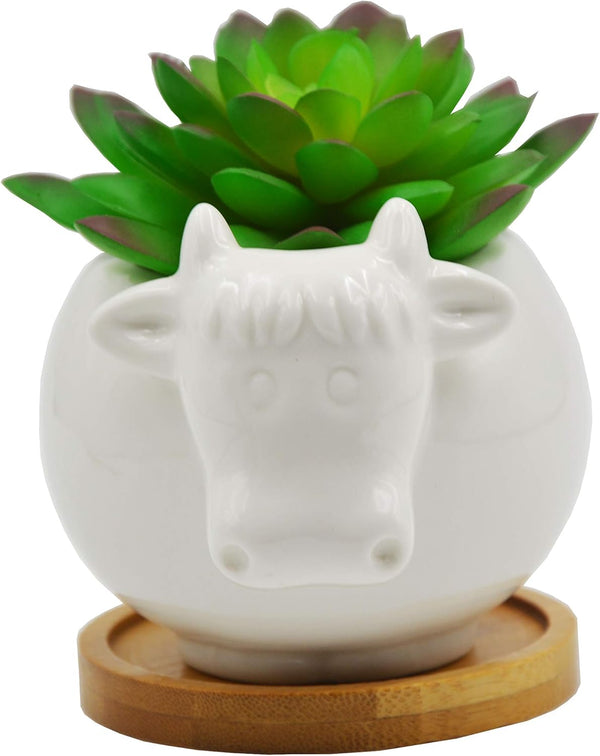 Cuteforyou Cute Cartoon Succulent Pots, Ceramic Cactus Flower Pot, Desk Accessories, Makeup Brush Storage (White Cow)