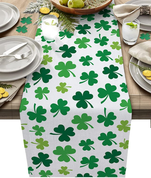 St Patrick's Day Green Shamrocks/Clover Table Runners, 13" x 70" Long Cotton Linen Non-Slip Rectangle Dresser Scarves