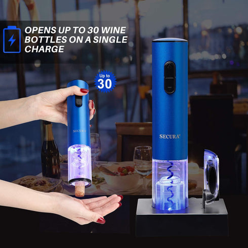 Secura Electric Wine Opener, Automatic Corkscrew with Foil Cutter, Rechargeable (Blue)